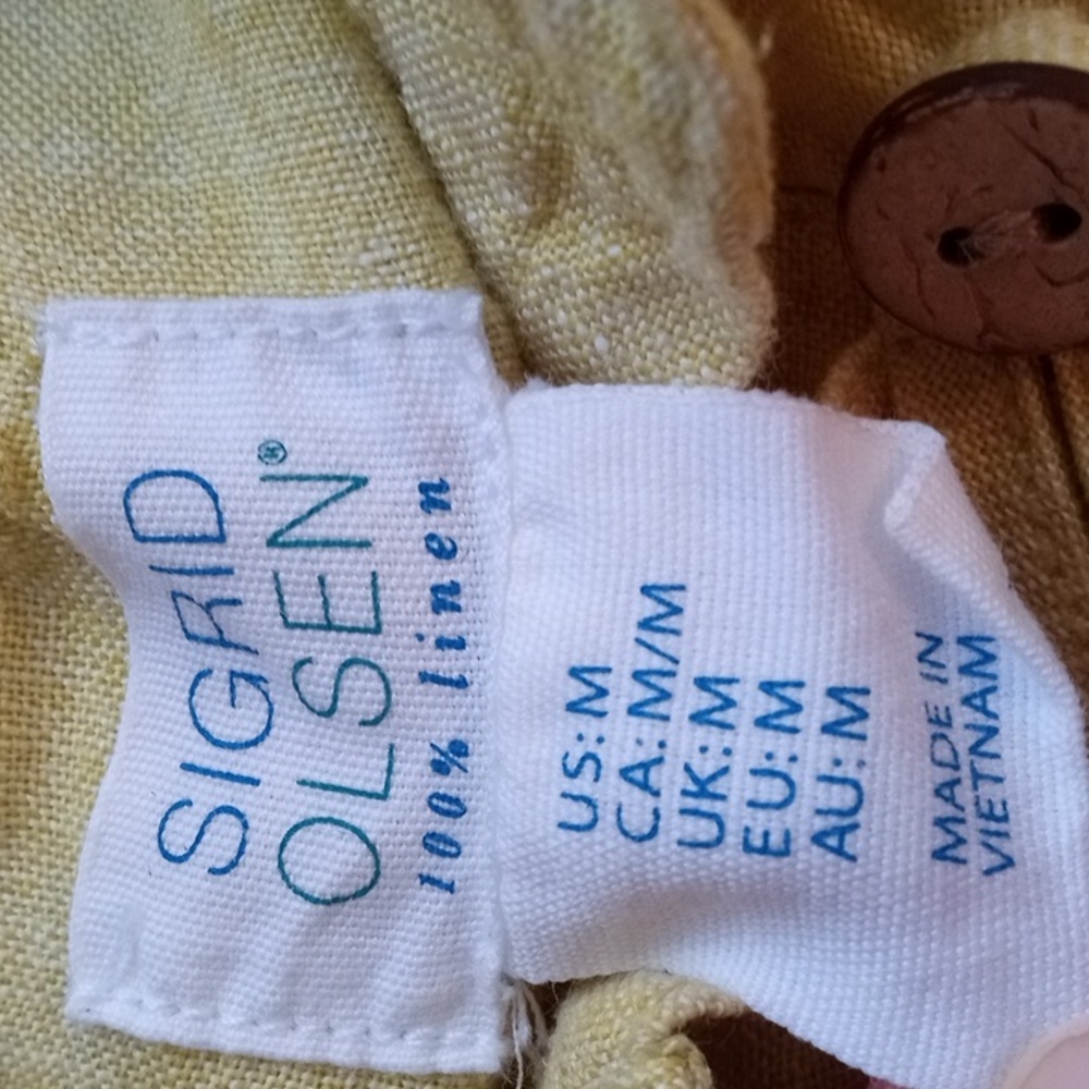 Sigrid Olsen 100% linen chartreuse button yoke top - Picture 3 of 9